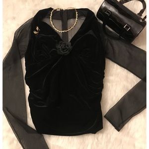 EUC Black Velvet Top with delicate mesh sleeves